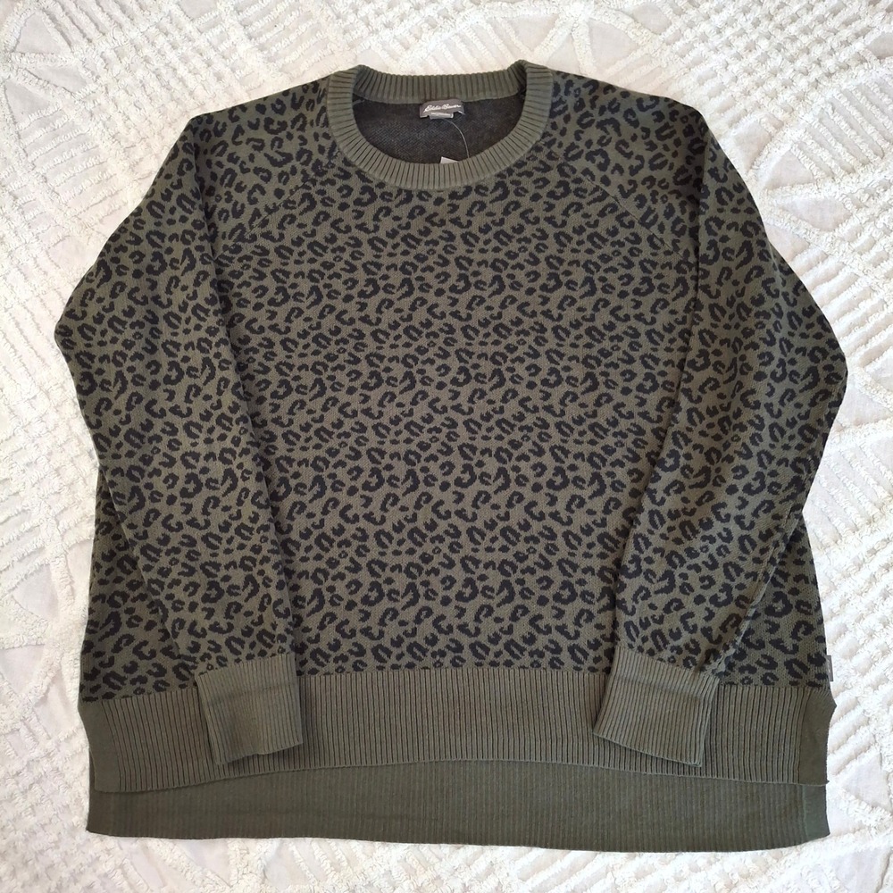 Eddie Bauer Cascadia Sweater‎ Womens Large Loden Green Leopard Print Cotton NWT